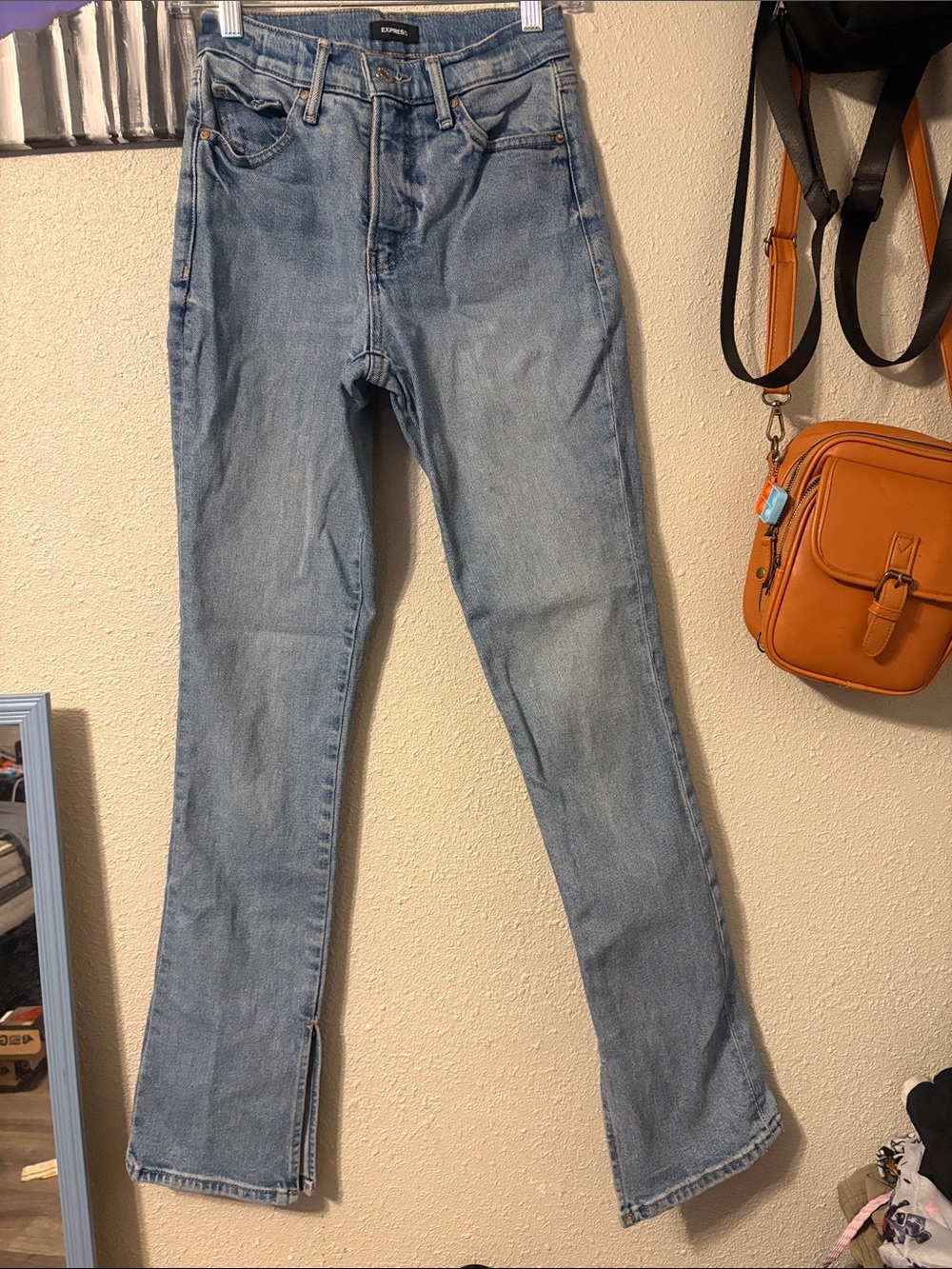 Express Light Blue Flare Jeans with Front Hem Slits
